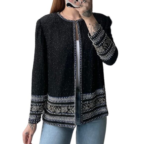 90s Vintage Beaded 100% Silk Evening Jacket Size S Black Blue Party Glam - Picture 10 of 15